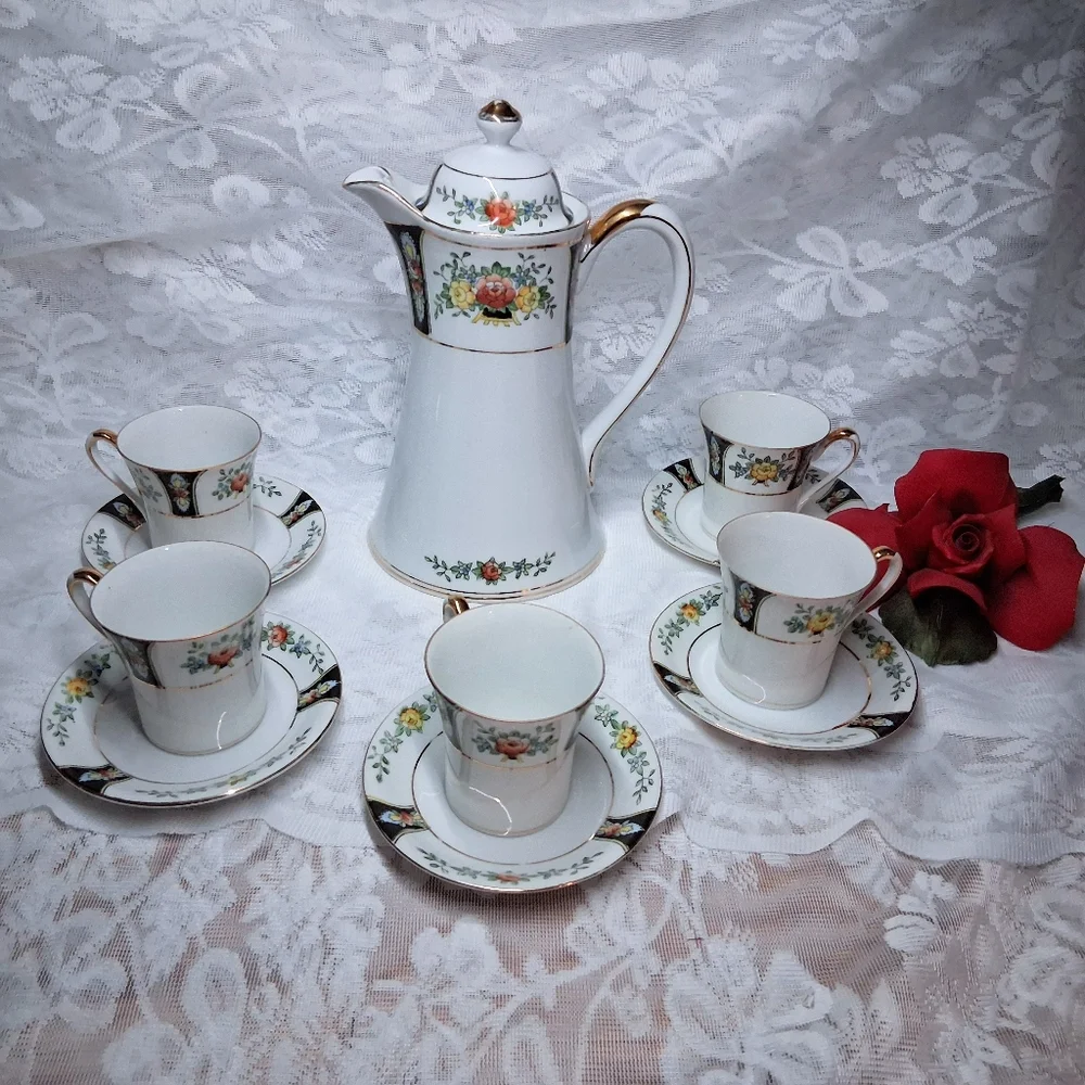 Antique Noritake Coffee Or Chocolate Pot And Service For Five Floral